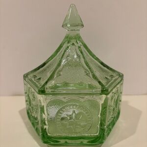 Vtg Indiana Glass Tiara Eagle & Stars/Colonial Hex w/Lid-Green "As Is"